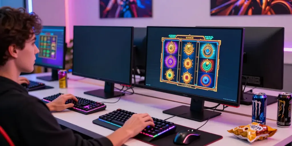 Engaging slot game session on a contemporary gaming desk setup.