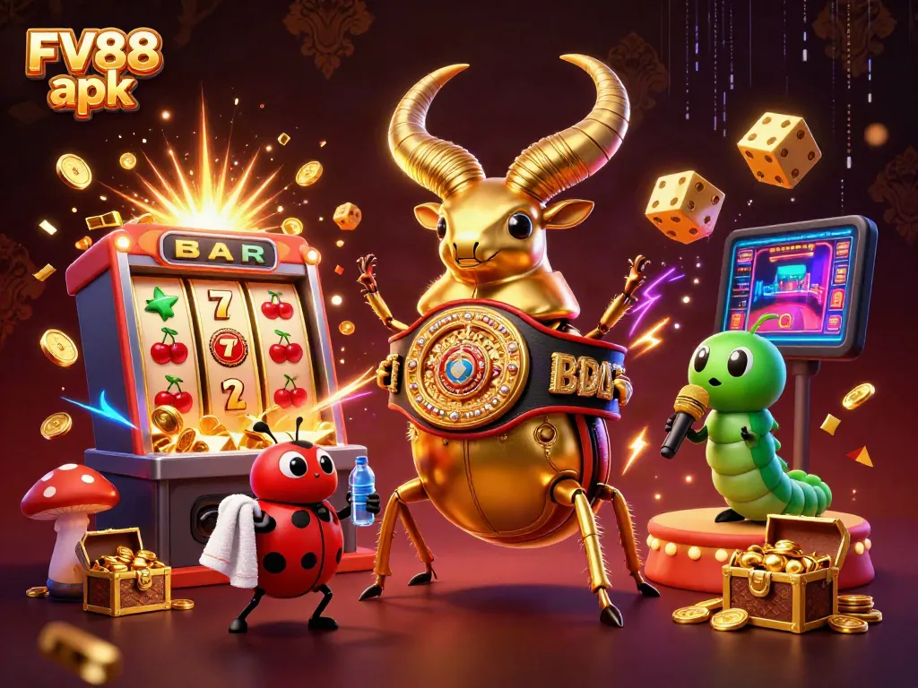 Experience thrilling FV88 apk gameplay in this vibrant 3D casino illustration featuring dynamic characters and jackpot excitement.