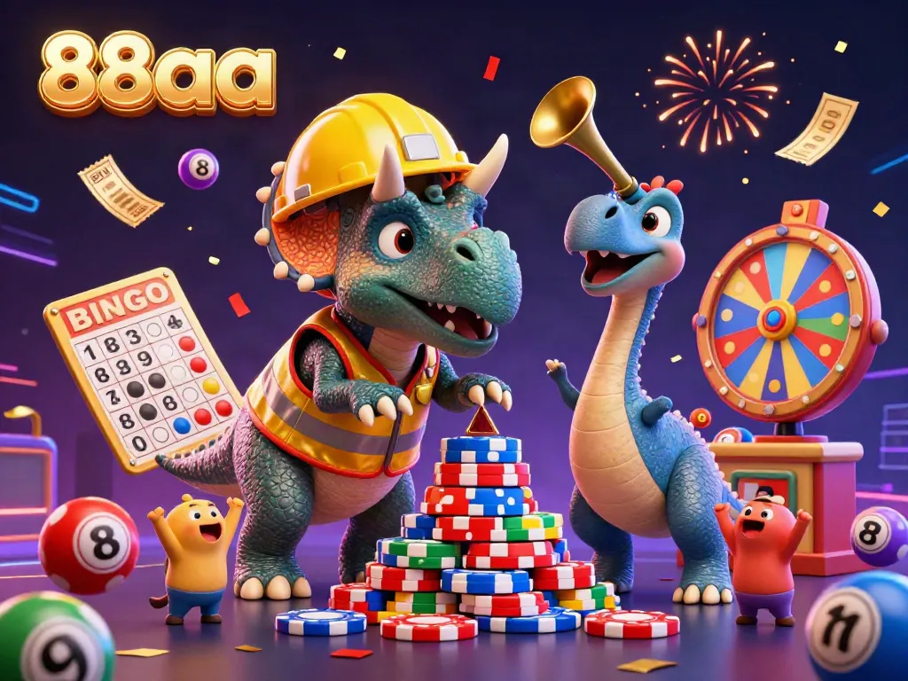 Experience the excitement of 88aa with dynamic characters building a poker chip pyramid amidst lively celebration and colorful lottery elements.
