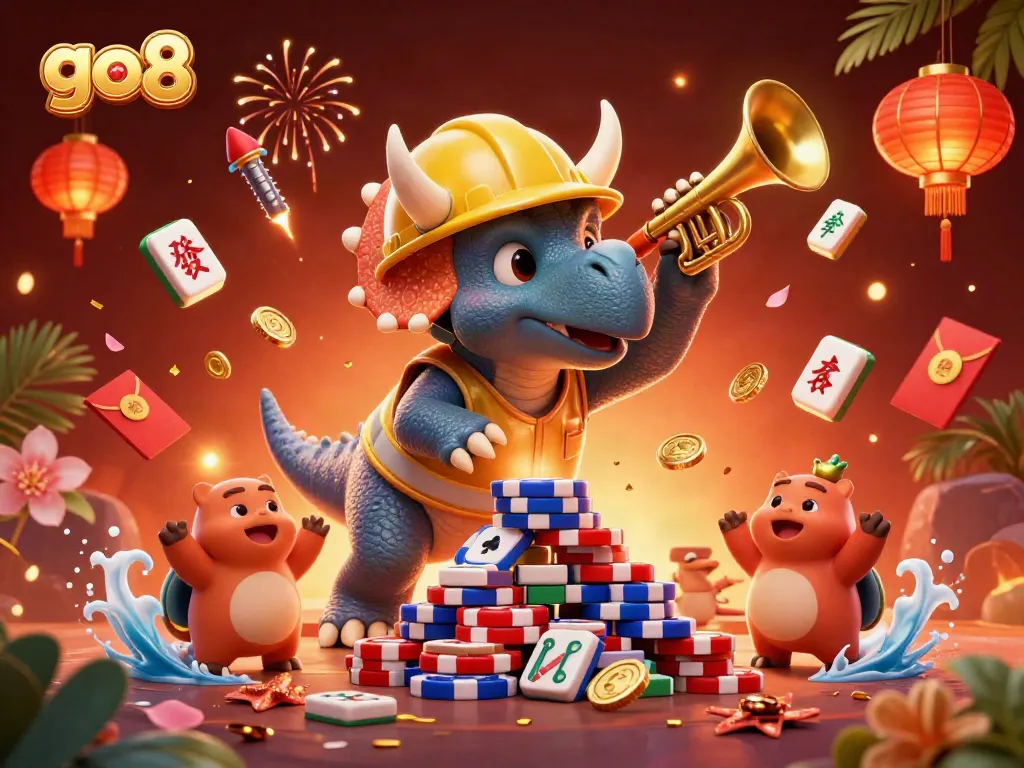 Engage in go8-themed gambling excitement with vibrant 3D dinosaurs and poker chips.