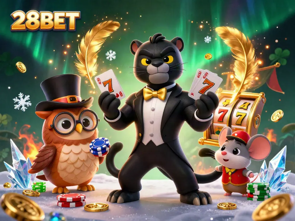 Engage with thrilling gameplay at 28BET as a stylish panther deals cards amidst vibrant gaming elements.