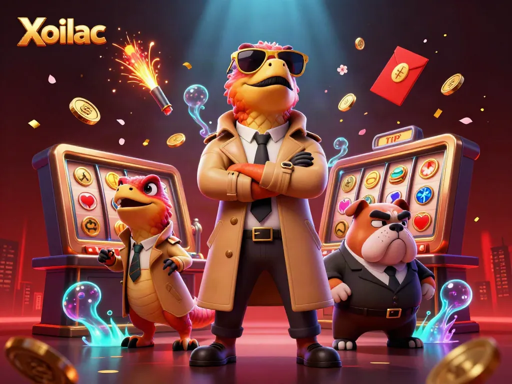 Xoilac engaging casino scene featuring three raptors in a trench coat trying to enter with a bulldog bouncer