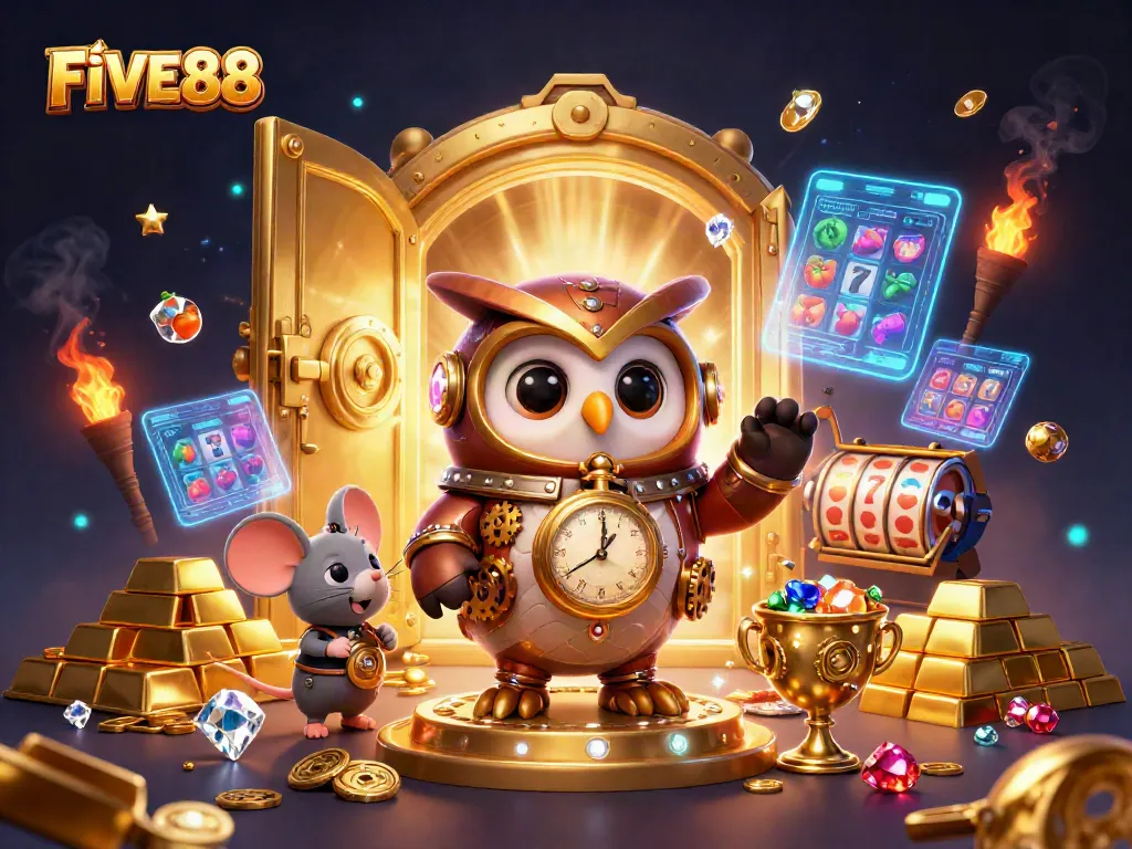 Engage with FIVE88's thrilling casino adventure featuring a time-traveling owl and glittering treasures.