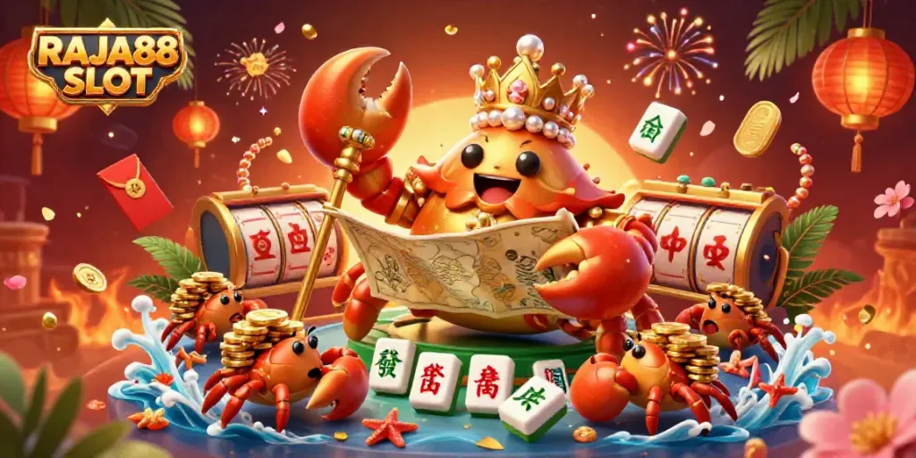 Experience the excitement of RAJA88 SLOT with a vibrant 3D illustration of a golden crab emperor amidst thrilling slot game elements.