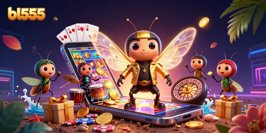 Join the fun at bl555 while enjoying exciting slot games with vibrant characters in a dazzling 3D scene.