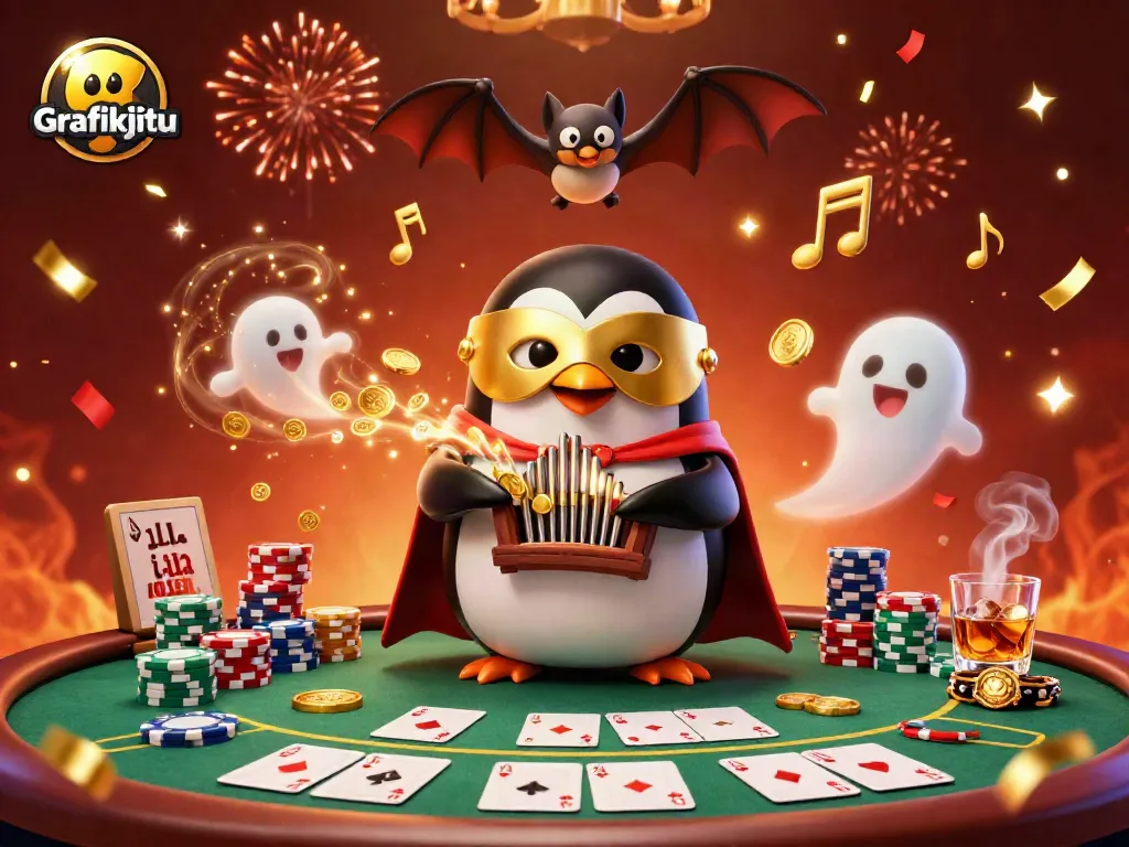 Experience winning strategies at Grafikjitu's vibrant casino scene with golden coins and poker excitement.