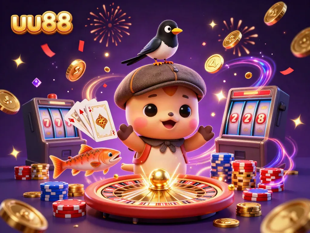 uu88 showcases a vibrant online casino scene with characters and games, promising thrilling experiences.