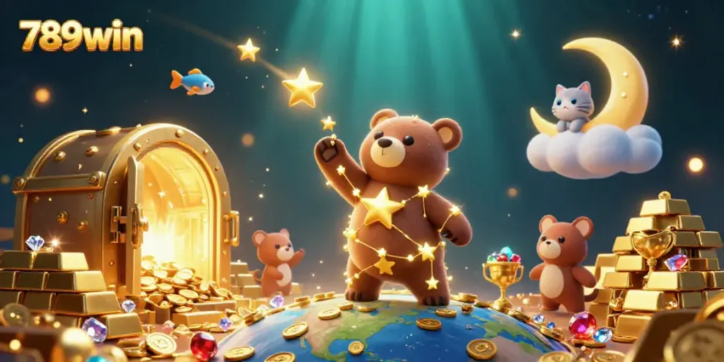 Win big with 789win in a vibrant casino-themed scene featuring a constellation bear and hidden treasures.