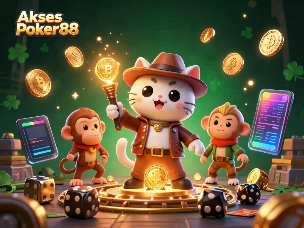 Akses Poker88 showcases a vibrant 3D scene featuring a cat archeologist discovering casino treasures within an ancient temple.