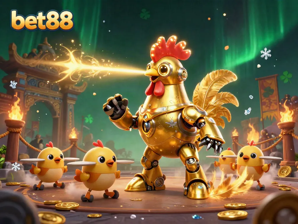 Experience thrilling action at bet88 with a golden rooster robot guarding a vibrant casino world.