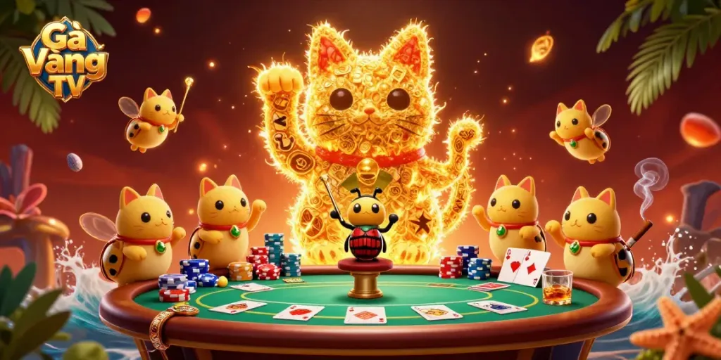 Experience the excitement of Gà Vàng TV's online betting with a captivating visual of lucky symbols, poker, and a unique golden cat.