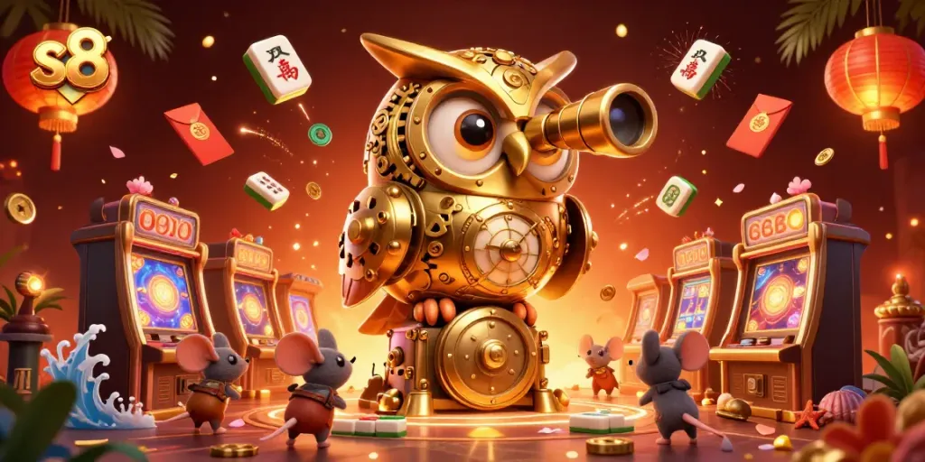 Engage in S8 gaming excitement as a golden owl oversees a colorful casino scene filled with vibrant, dynamic elements.