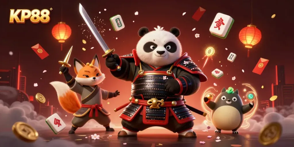 Experience the thrilling excitement of KP88 with a vibrant 3D illustration of a samurai panda, ninja fox, and magical spirit tanuki showcasing dynamic gambling elements.