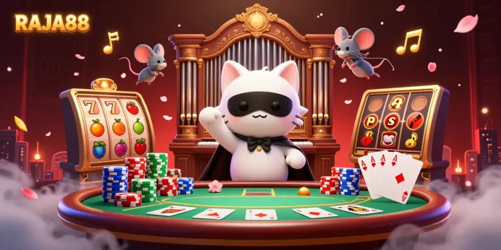 Engage in thrilling gameplay with RAJA88 in this lively casino scene featuring iconic characters and dynamic slot elements.