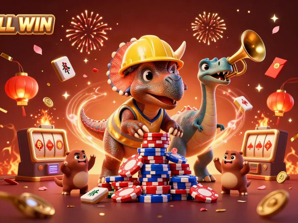 LL WIN showcases a lively scene with a triceratops and parasaurolophus celebrating a poker chips pyramid amidst festive casino elements.