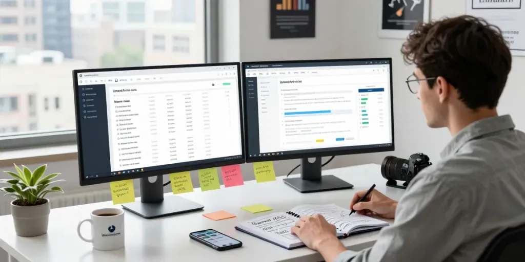 Professional workspace showcasing UploadArticle.com dashboard and content planning tools.