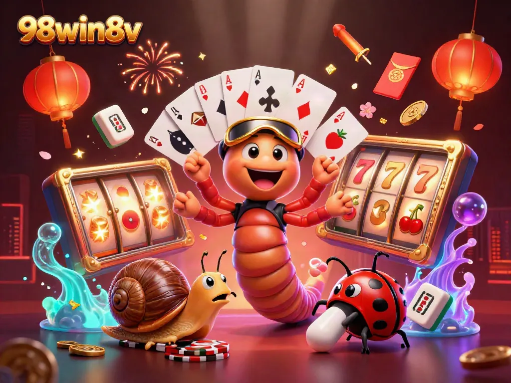 Experience the thrill of 98win8v with an engaging digital 3D casino scene showcasing vibrant characters and game elements.
