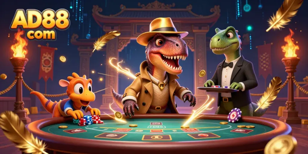 Experience thrilling gaming action with AD88 com represented by a velociraptor at a blackjack table.