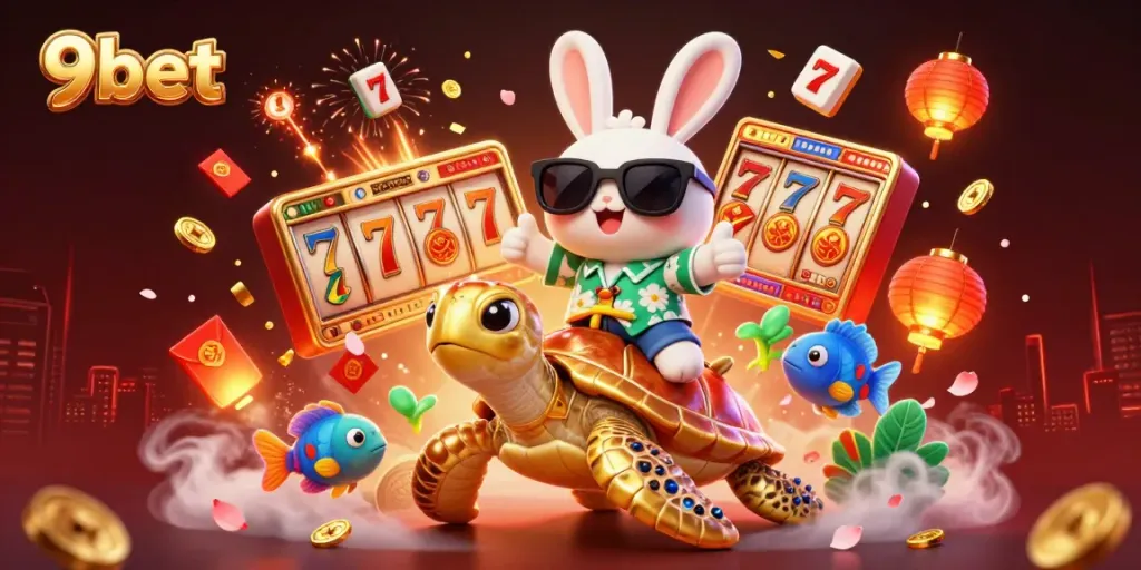 Engage with 9bet's thrilling slots and jackpots in this vibrant casino scene featuring a lucky rabbit.