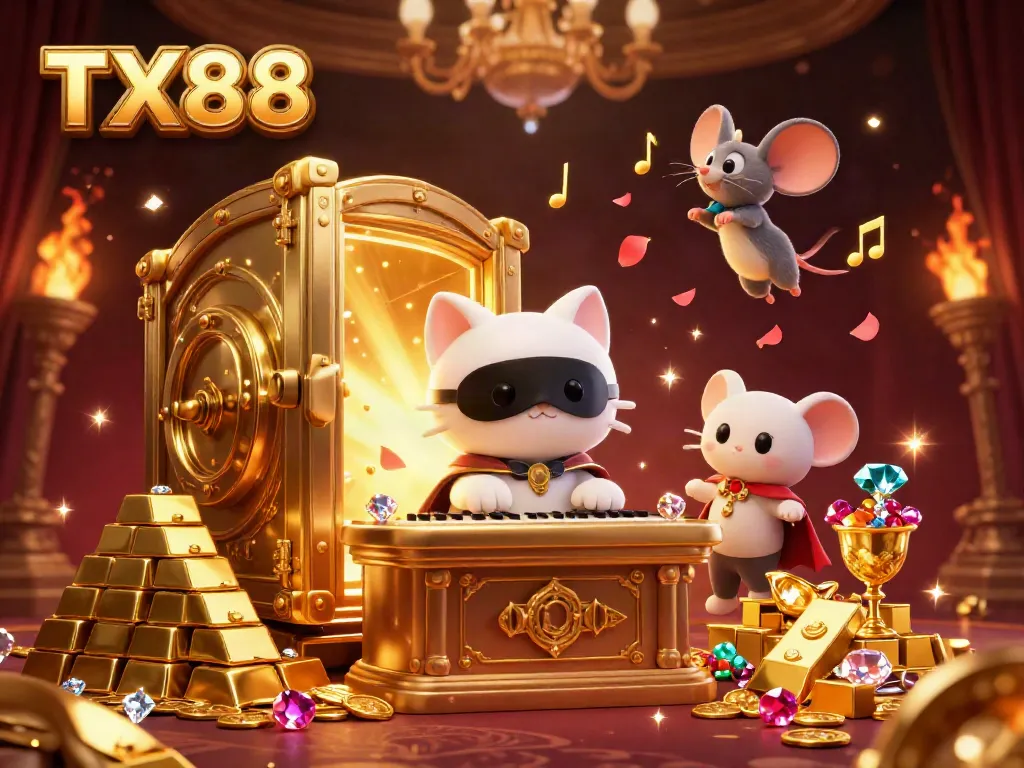 Experience thrilling games at TX88's vibrant casino with a captivating 3D scene of opulence and gaming excitement.