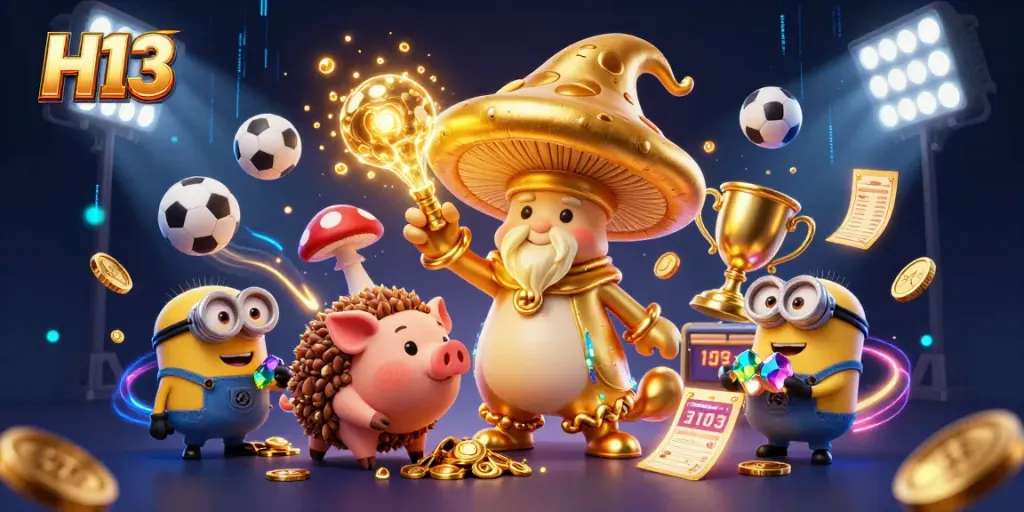 Experience the magical realm of H13 with vibrant sports elements and a golden mushroom wizard!