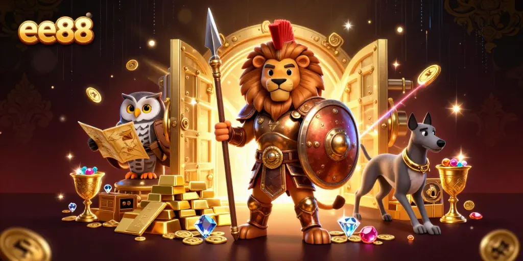 Experience the excitement at ee88, featuring a lion in armor surrounded by riches and jewels.