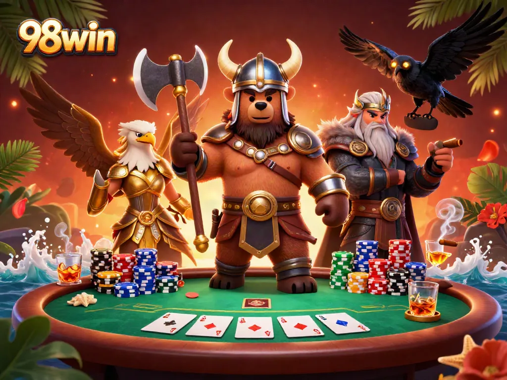 Experience thrilling poker action with 98win's vibrant casino scene and dynamic game elements.