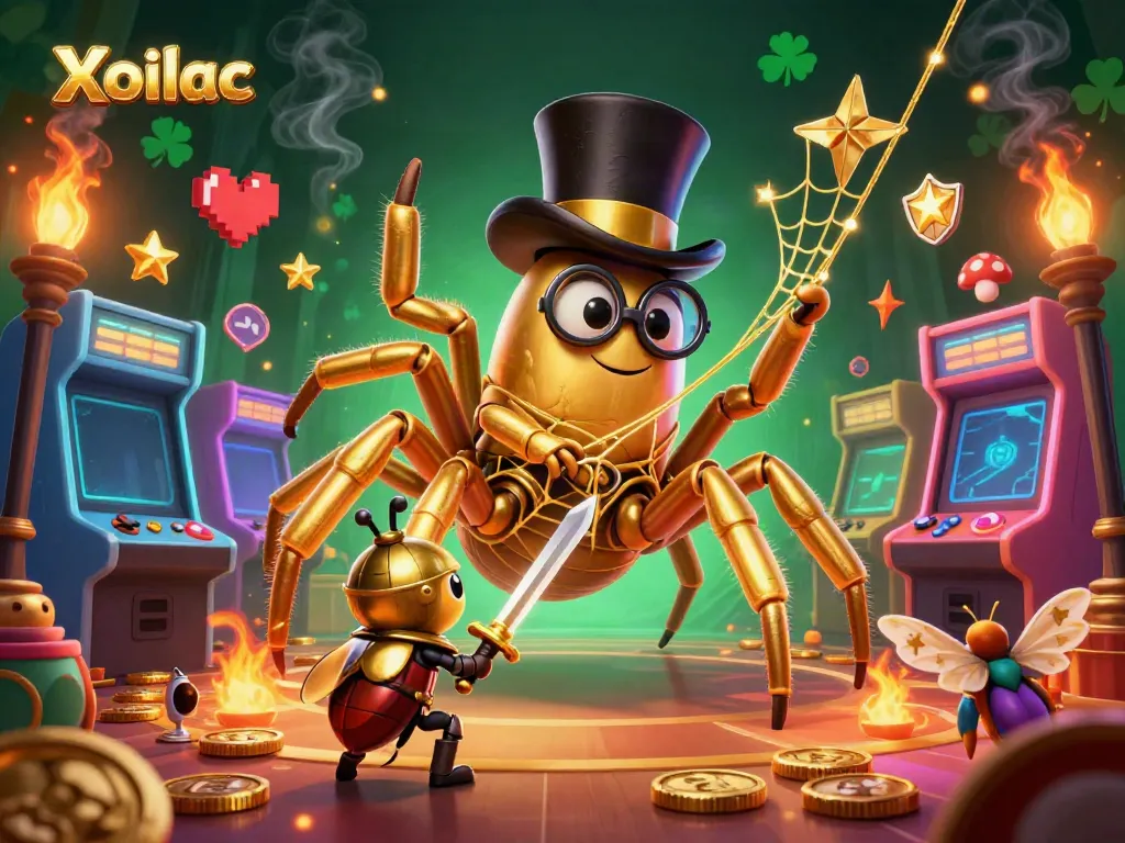 Xoilac showcases an exciting scene with a golden tarantula and a brave beetle knight in a vibrant casino setting.