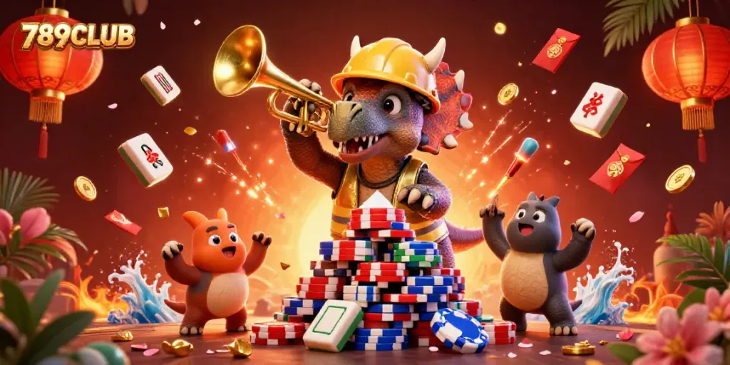 Engage with exciting games at 789CLUB as cartoon characters celebrate a casino theme.