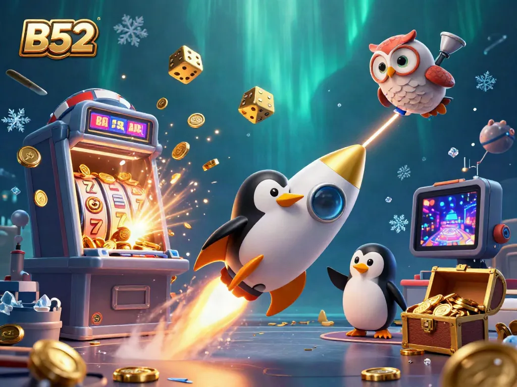 Experience B52's exciting online casino with a 3D golden penguin and casino-themed illustrations!