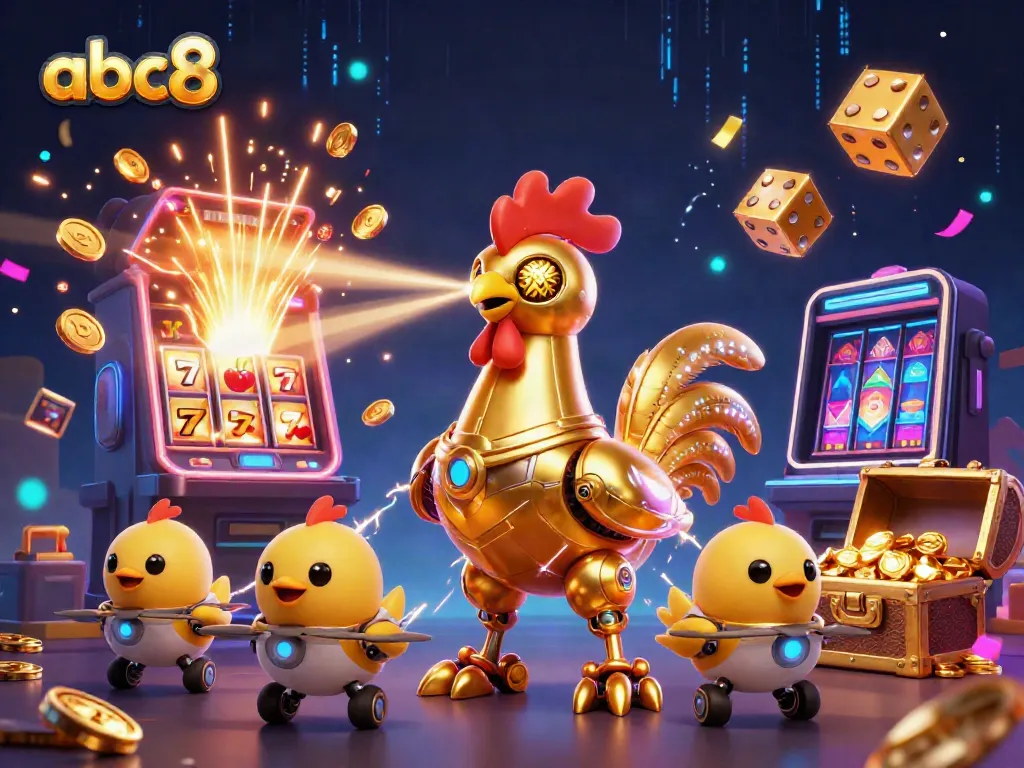 Engage with abc8's dynamic gaming scene featuring a futuristic rooster robot and baby chick drones amidst jackpot excitement.