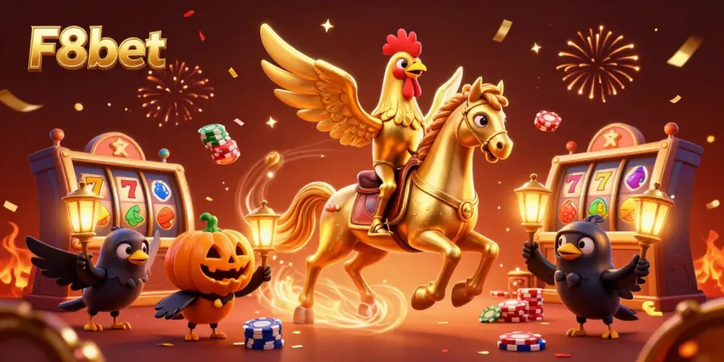 Experience thrilling gaming at F8bet with a vibrant casino illustration showcasing golden rooster characters and dynamic slot elements.
