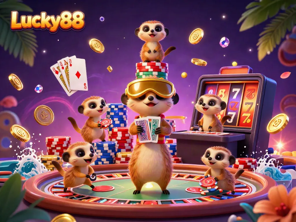 Experience the lively casino atmosphere of Lucky88 featuring meerkats in an exciting gaming scene.