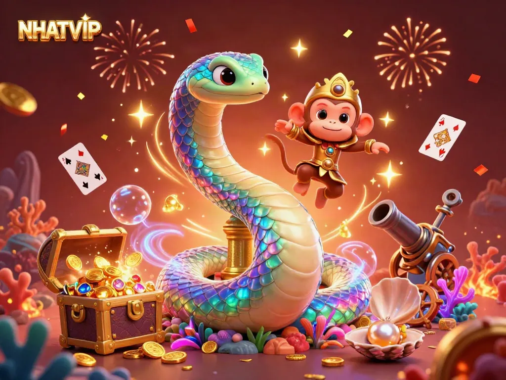 Engage in NHATVIP's thrilling gaming experience with a colorful scene featuring playful characters and treasure elements.