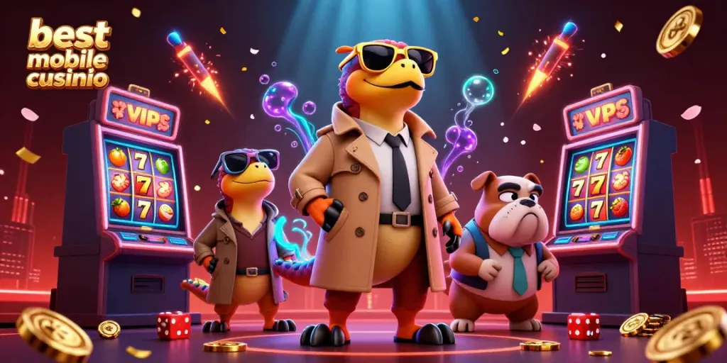 Experience the thrill of the best mobile casino Australia with raptors in a trench coat entering a VIP lounge.