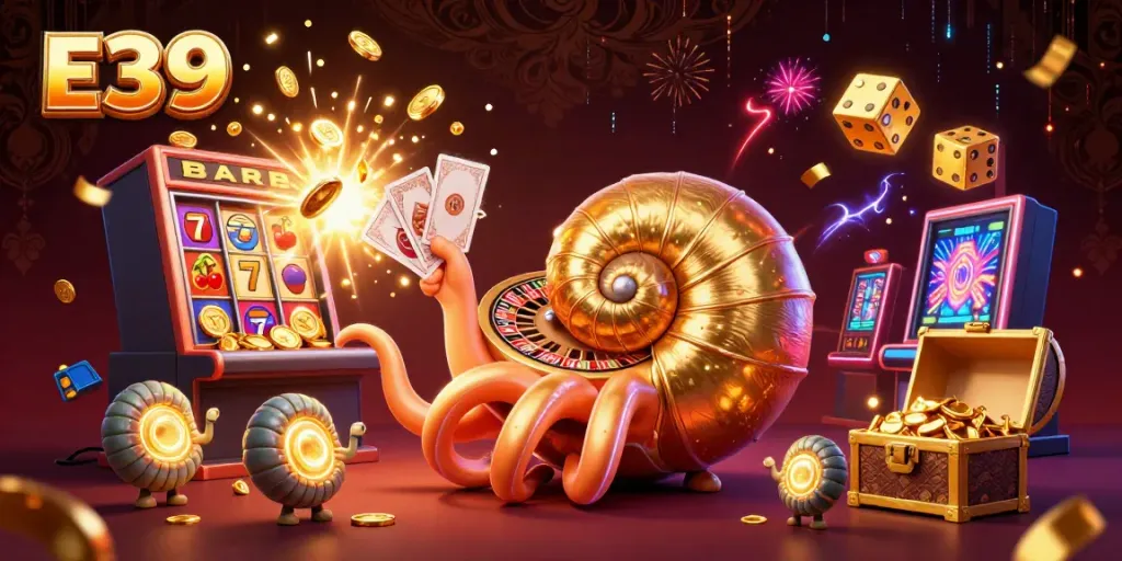 Experience thrilling wins with E39 at the vibrant casino featuring a giant nautilus roulette wheel.