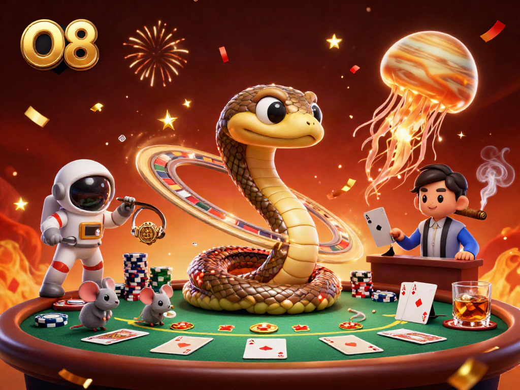 Place your bets with O8 at a cosmic casino featuring whimsical characters!