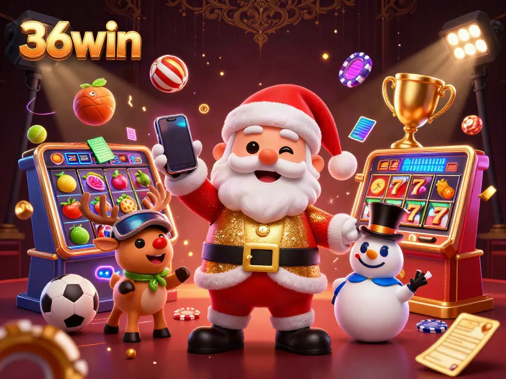 Experience excitement at 36win with Santa, reindeer, and a snowman celebrating jackpots in a vibrant casino.