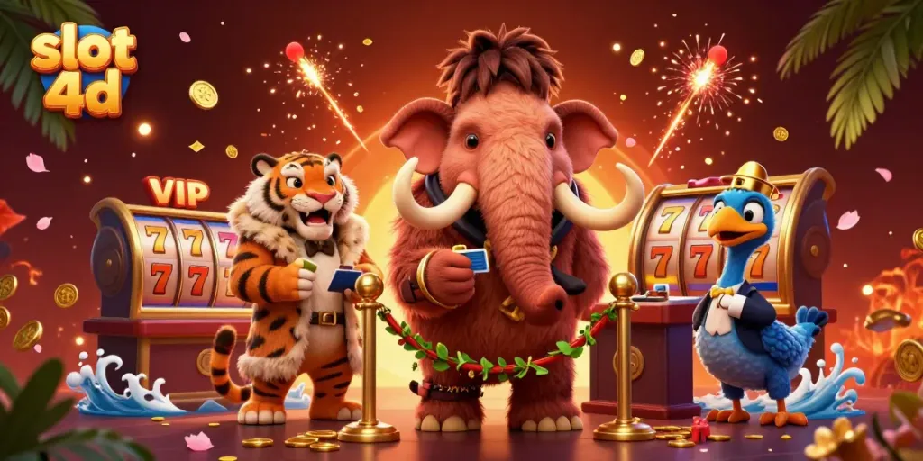 Menangkan permainan slot 4d dengan dodo dan bouncer kasino di latar belakang penuh warna.
