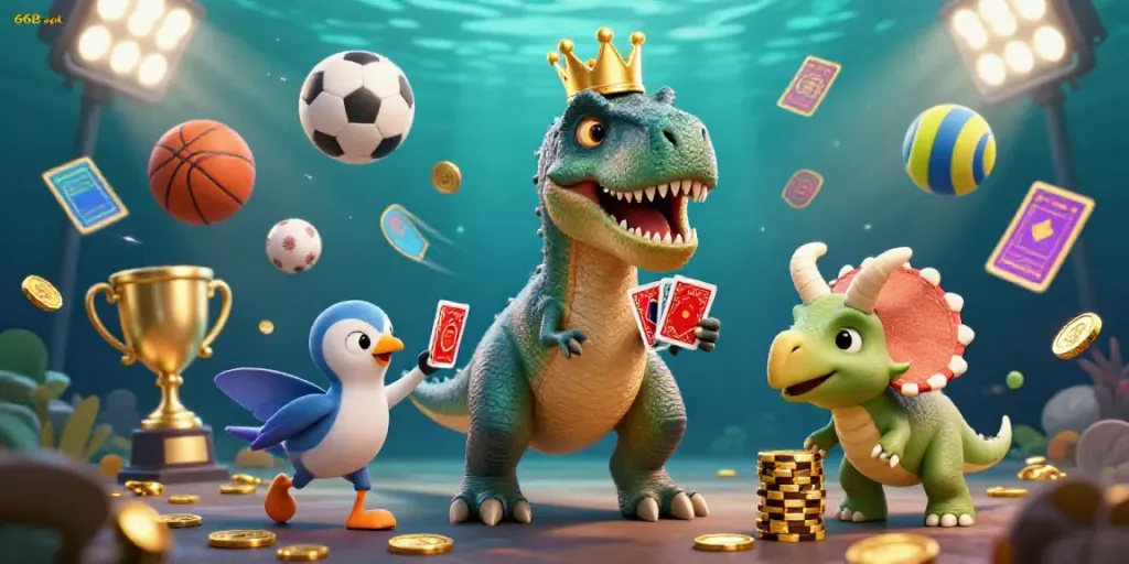 Experience thrilling gameplay with 66B apk as a cartoon T-Rex shuffles cards with a pterodactyl assistant.