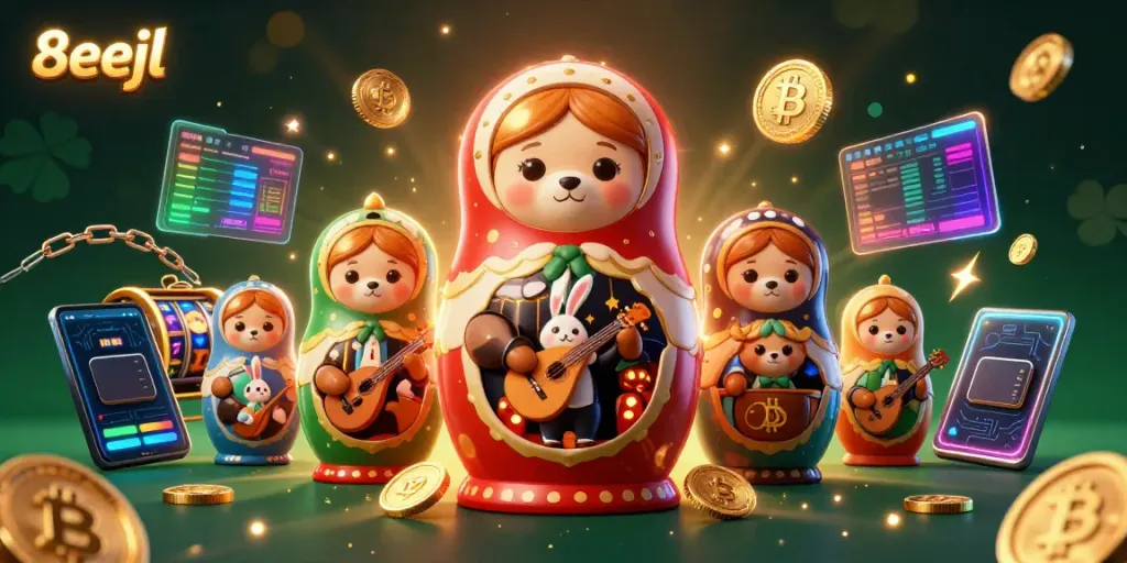 Engage with the colorful 8eejl casino scene featuring adorable bears, crypto coins, and slot reels.