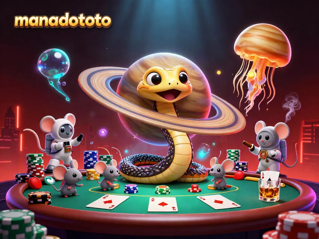 Experience thrilling bets on manadototo with vibrant cartoon cosmic characters and casino elements.