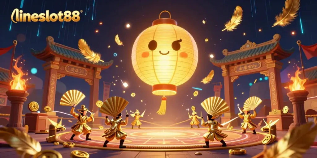 Engage with the vibrant world of lineslot88 featuring golden lanterns and gaming elements.