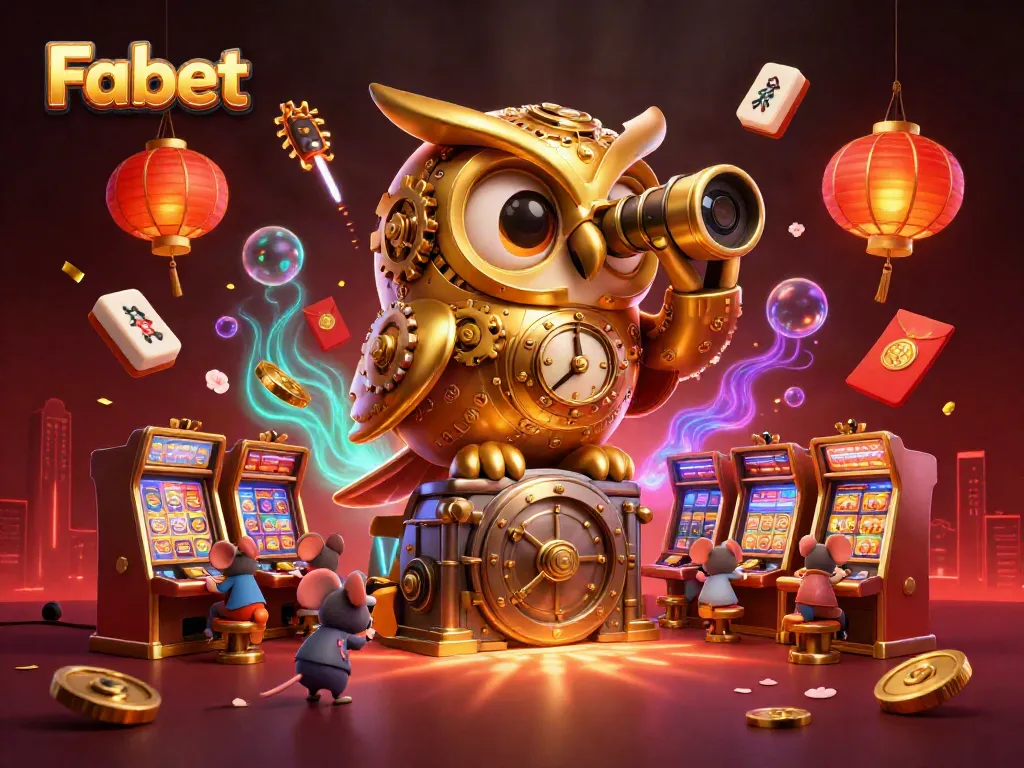 Experience thrilling moments at Fabet with a clockwork owl surveying the bustling casino floor.