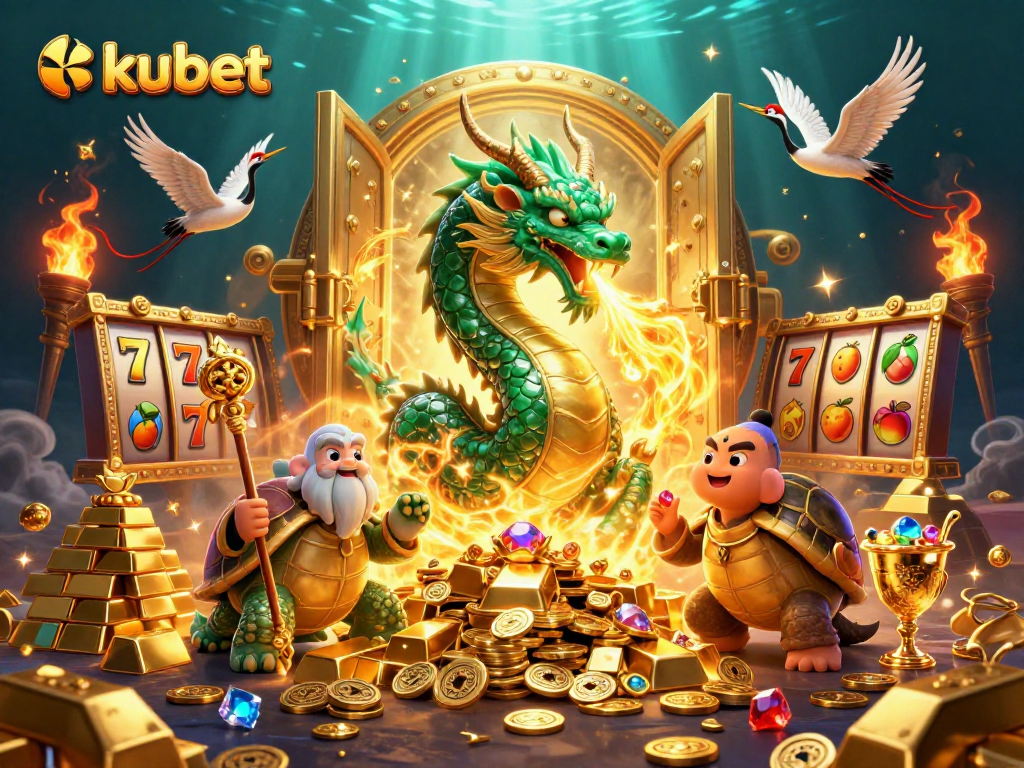 Witness the kubet gaming spectacle with a jade dragon, turtle sage, and lucky cranes in a dazzling casino scene.