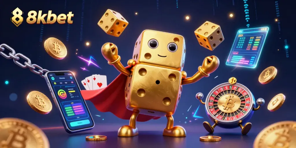 Betting on 8xbet with a dynamic 3D golden dice golem and cryptocurrency elements.