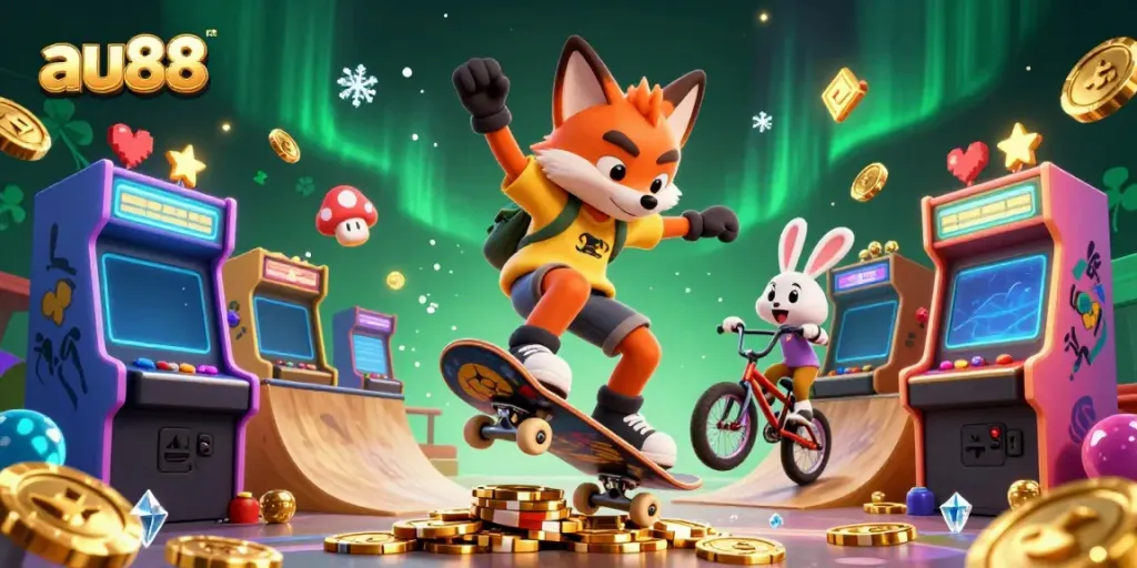 Experience the excitement of au88 with a colorful, vibrant casino-themed illustration featuring animated characters and gaming elements.