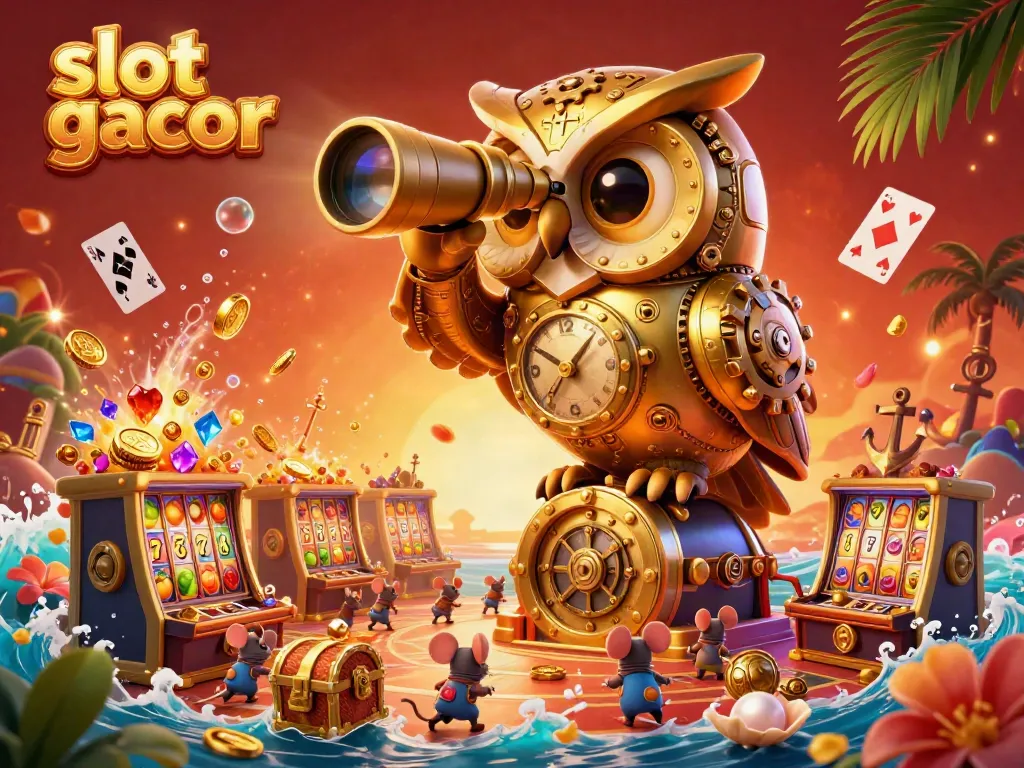 Engage with slot gacor in this animated scene of a golden owl overseeing a vibrant casino with lively slot machines.