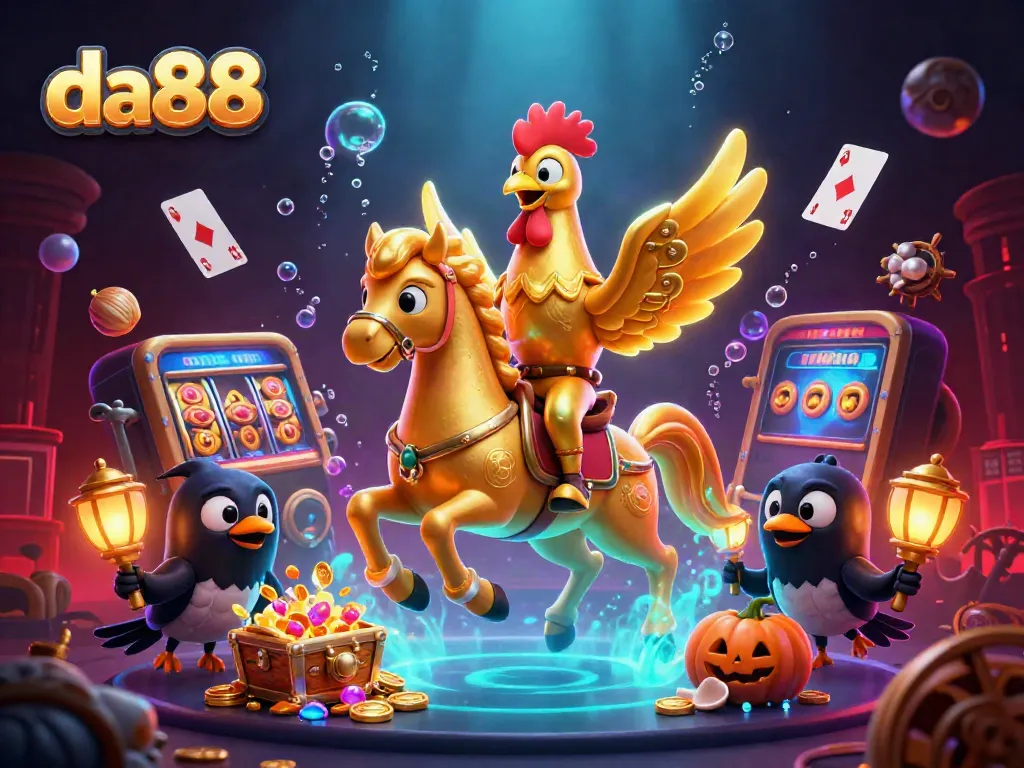 Experience thrilling gameplay at da88 with a golden rooster riding through a midnight casino scene.