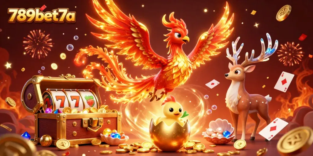 Experience thrilling slots action with visuals from 789bet7a featuring fire phoenix and treasures.